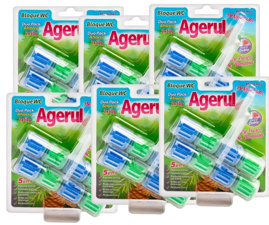 Agerul Aire Fresco de Montaña Desinfectante WC AGERUL- Desinfectante WC colgador Aire Fresco de Montaña en 1 blister 2 unidades - Pack Ahorro 6 blisters x 2 unidades Total 600 gr. - Imagen 1