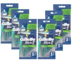 Pack Ahorro Gillette Blue II Plus Slalom – 30 Cuchillas Desechables (6x5), Doble Hoja con Revestimiento de Cromo, Banda Lubricante y Cabezal Pivotante para un Afeitado Suave