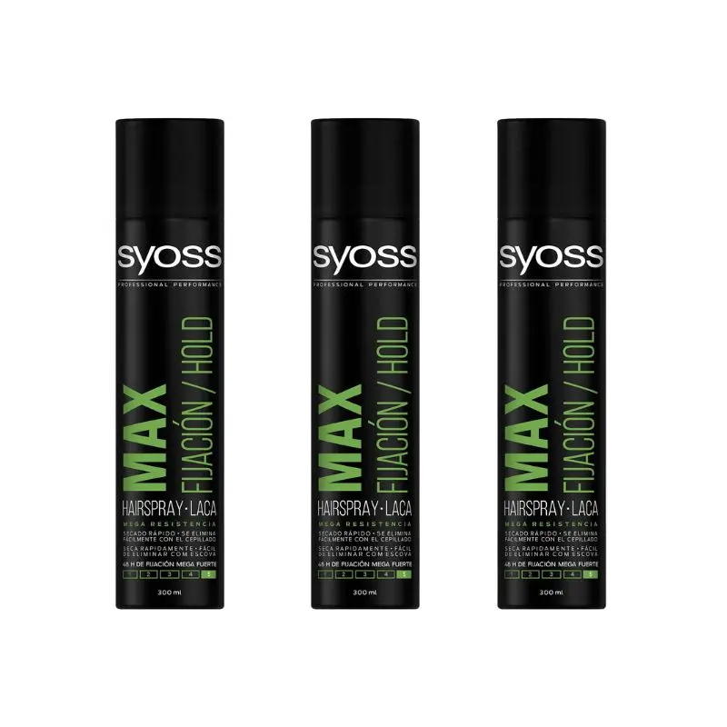 max fijación laca de secado rápido spray 300 ml se elimina fácilmente con el cepillado fijación mega fuerte SYOSS Max fijación laca de secado rápido spray 300 ml se elimina fácilmente con el cepillado fijación mega fuerte - Pack Ahorro MAX HOLD 3x300 ml - Imagen 1