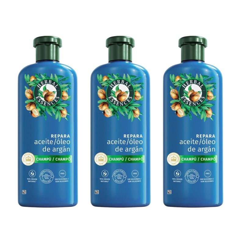 RO10214275 HERNAL ESSENCES CHAMPU ACEITE DE ARAGAN 350 ML HERBAL ESSENCES Aceite de Argán Repara Champú Champú vegano repara y recarga con aceite de argán para cabello dañado Pack 3x350 ml - Imagen 1