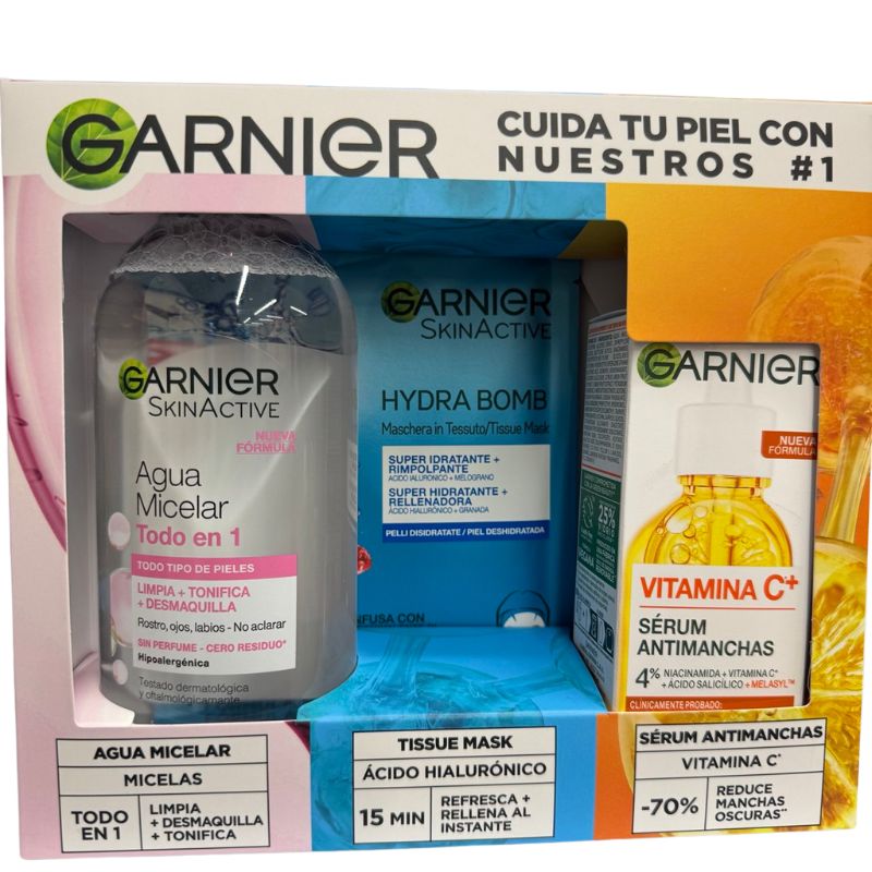 Garnier Pack Agua Micelar 400 ml+ Serum Vitamina C 30 ml + Mascarilla Tissu Energizante (2) Garnier Skin Estuche Agua Micelar + Serum + Mascarilla Garnier Pack Agua Micelar 400 ml+ Serum Vitamina C 30 ml + Mascarilla Tissu Energizante - Imagen 1