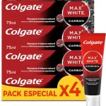Colgate Max White Carbón Activo Pasta de dientes Blanqueadora Pack 4 x 75ml -Elimina hasta 100% de las Manchas Superficiales - Carbón Activado y Micro Partículas Minerales