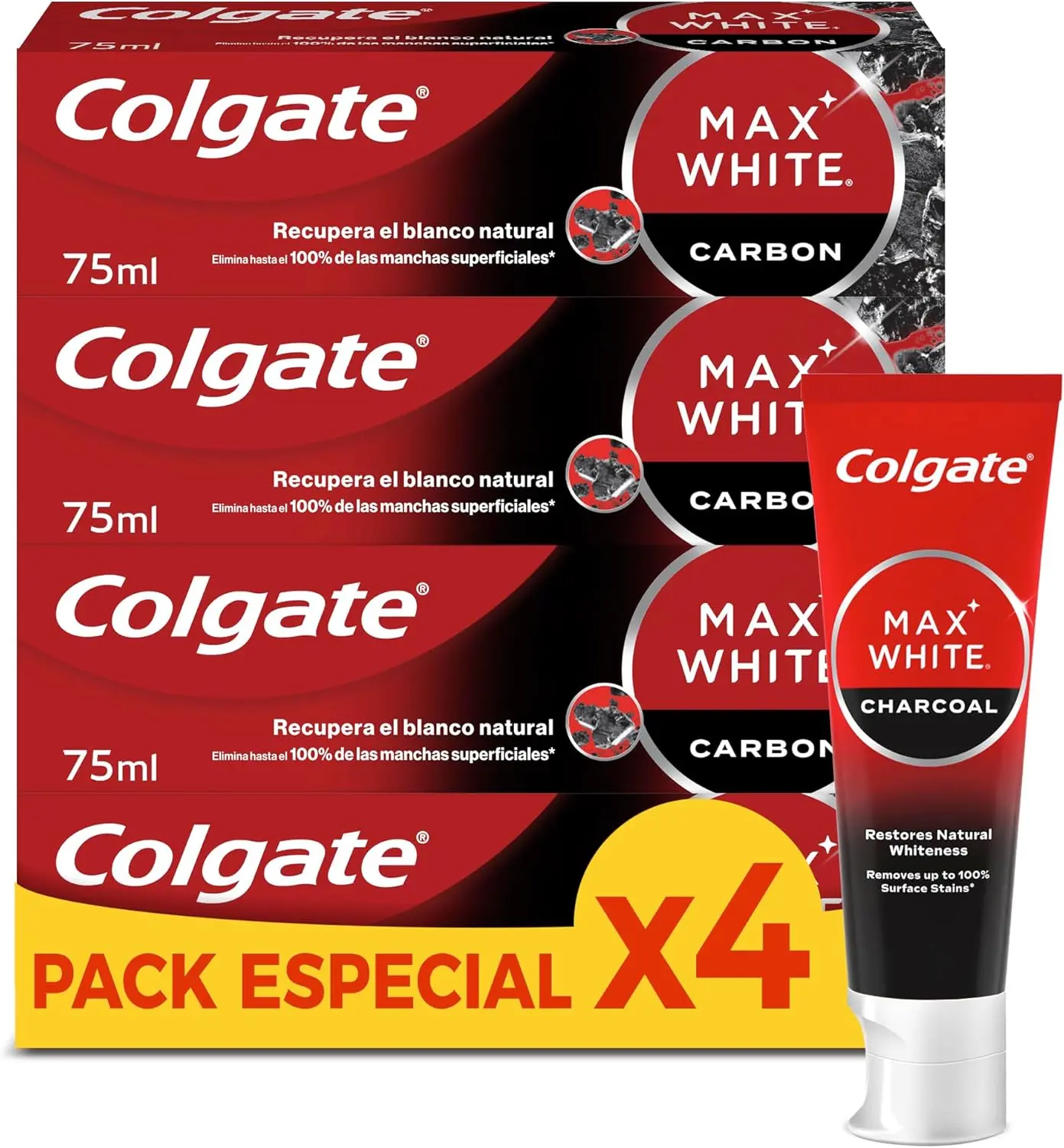 Colgate Max White Carbón Activo Pasta de dientes Blanqueadora Pack 4 x 75ml -Elimina hasta 100% de las Manchas Superficiales – Carbón Activado y Micro Partículas Minerales