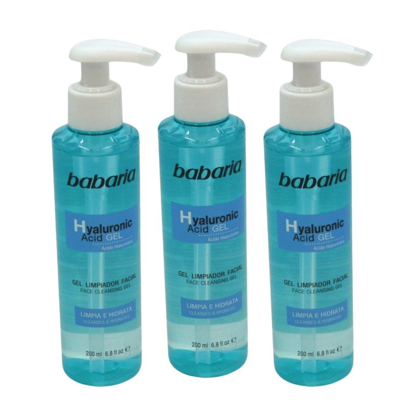 Babaria Gel Limpiador Facial Hidratante con Ácido Hialurónico y Niacinamida – 3 Unidades de 200 ml, Ideal para Piel Deshidratada y Poros Ampliados