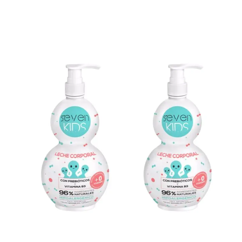 SEVEN KIDS – Leche Corporal protectora con prebióticos y niacinamida (Vitamina B3) que refuerza la barrera cutánea y calma rojeces e irritación en bebés, apta desde +0 meses, 96% ingredientes naturales, 2 unidades de 400 ml